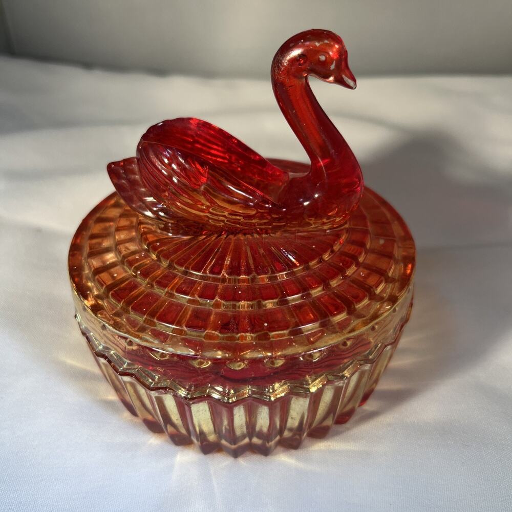 Vintage Jeanette Amberina Glass Powder Dish Swan Lipstick Holder on Lid-Flashed